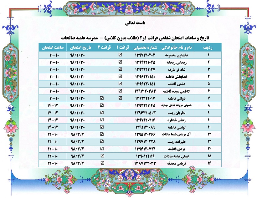 اسامی طلاب شفاهی  قرائت 1و2