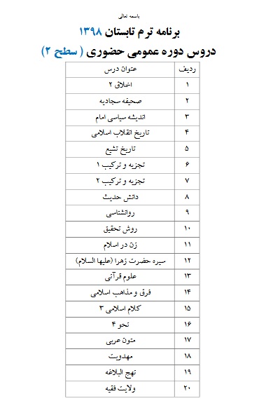 دروس ترم تابستان حضوری