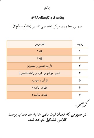 دروس حضوری مرکز تخصصی تفسیر 1 (ترم تابستان)