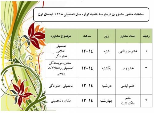 ساعات حضور مشاور درمدرسه علمیه کوثر