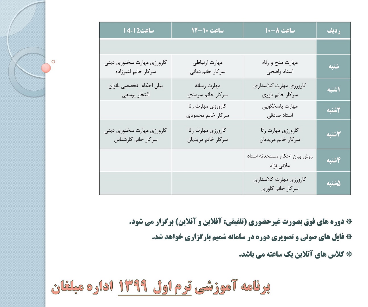 برنامه آموزشی ترم اول  1399  اداره مبلغان