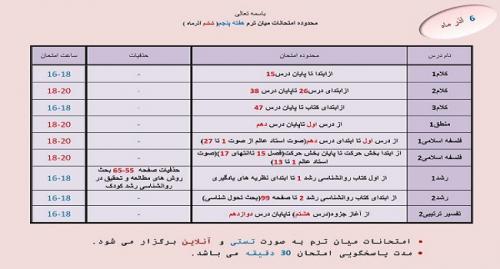 برنامه امتحان ميان ترم پنجم