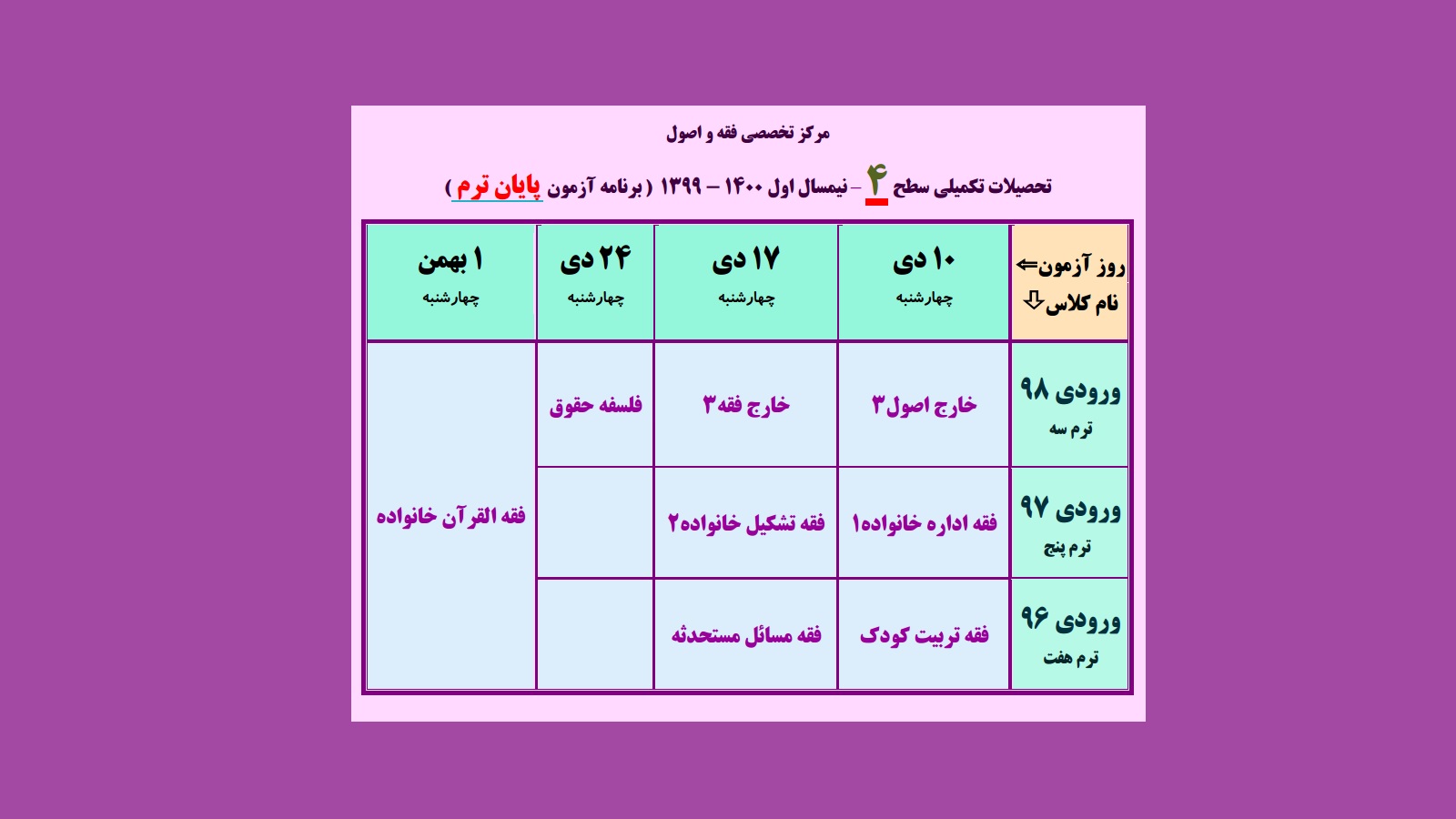 برنامه امتحانات پایان ترم سطح 4 مرکز فقه-ترم یک 99-00